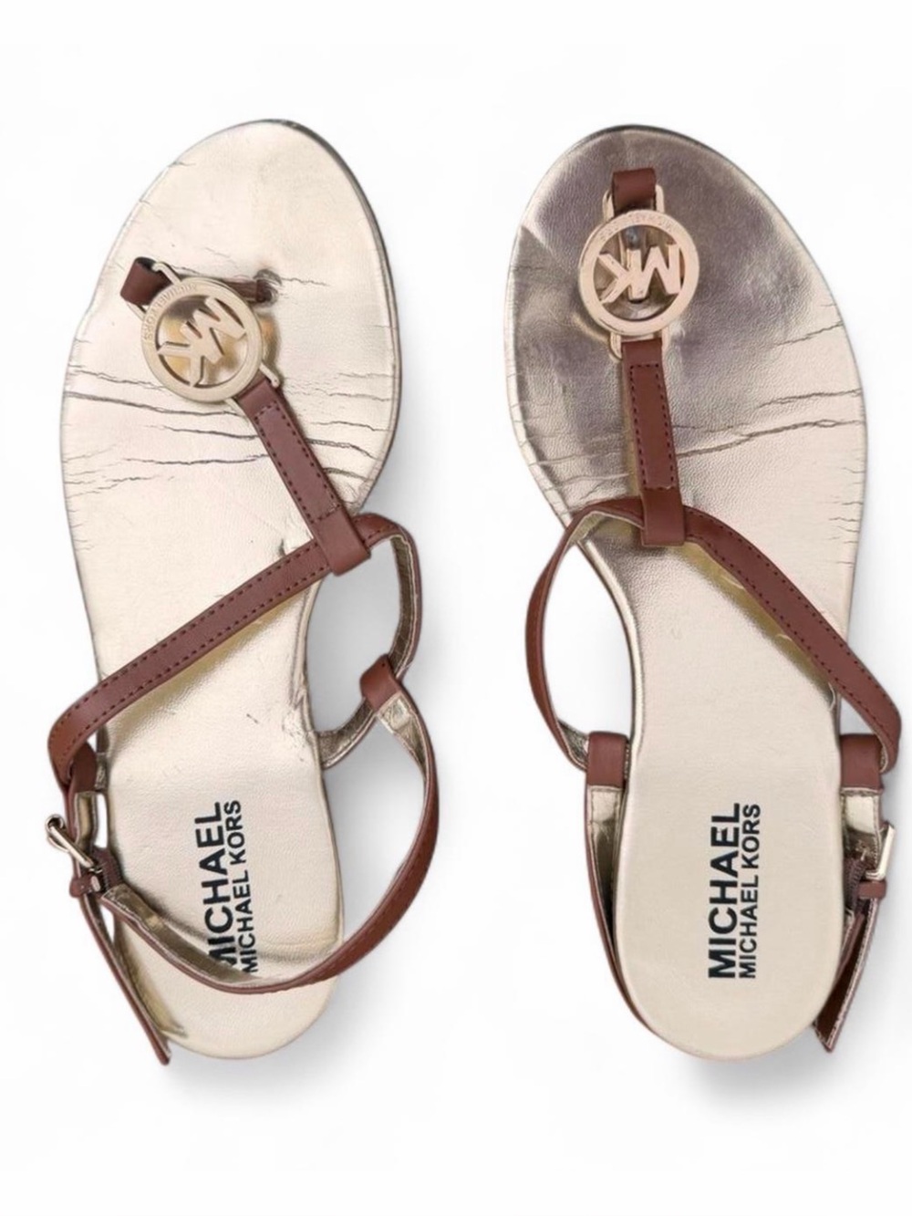 MICHAEL Michael Kors Brown Leather T-Strap Sandals with Gold Logo